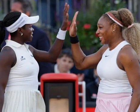 Serena Williams (right) celebrates victory in her comeback match of women's doubles with partner Victoria Mboko against Nicole Melichar-Martinez and Erin Routliffe.