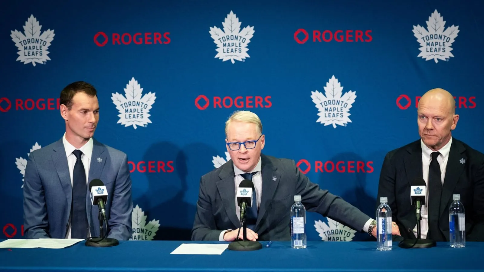 New Toronto Maple Leafs General Manager John Chayka, left to right, MLSE President and CEO Keith Pelley, and new Toronto Maple Leafs Senior Executive Advisor, Hockey Operations, Mats Sundin, hold a press conference in Toronto on Monday, May 4, 2026. THE CANADIAN PRESS/Arlyn McAdorey